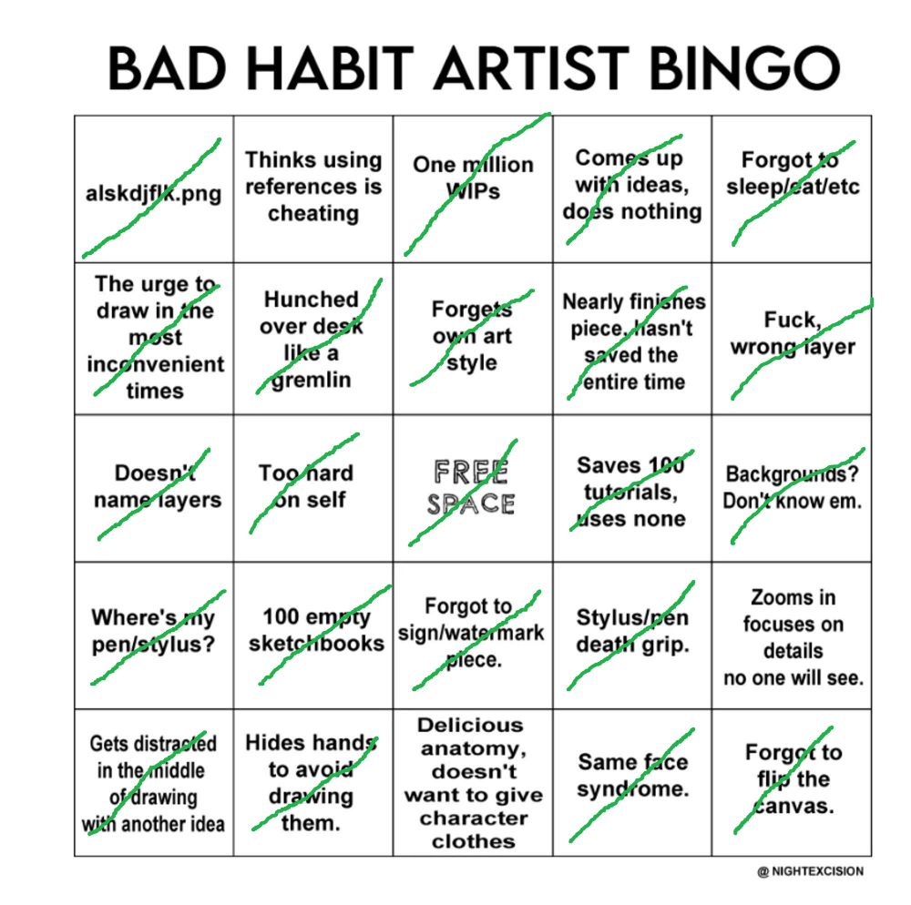 image of a 5x5 grid titled "Bad Habit Artist Bingo". In the squares are various bad habits for artists to have, such as forgetting to save or not naming layers. All but three are crossed off.
