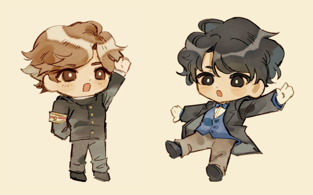 two chibis; ken amada in ryunosuke's outfit and hand-raising shouting pose, and will in a float-y airy pose