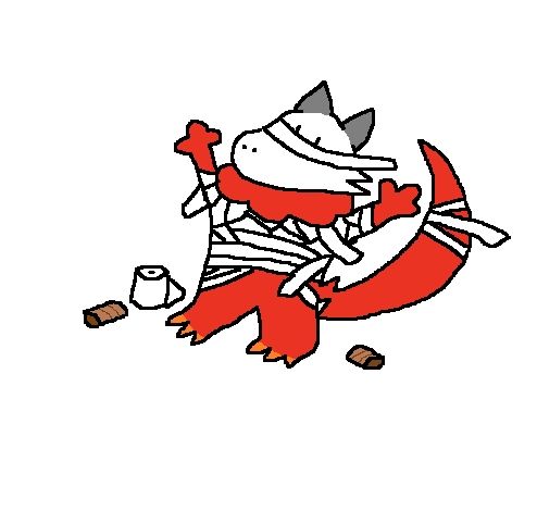 Image of my Fursona Cez in his mummy Halloween costume made up of toilet paper. Discarded toilet paper rolls can be seen around them. Happy Halloween!