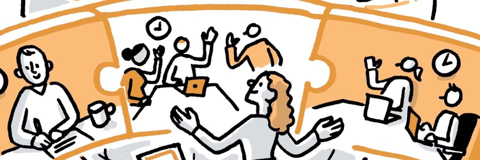 Hand-drawn image of hybrid meetings, where three screens featuring people waving, writing, and typing on computers while a person stands with her workstation in front of them.
