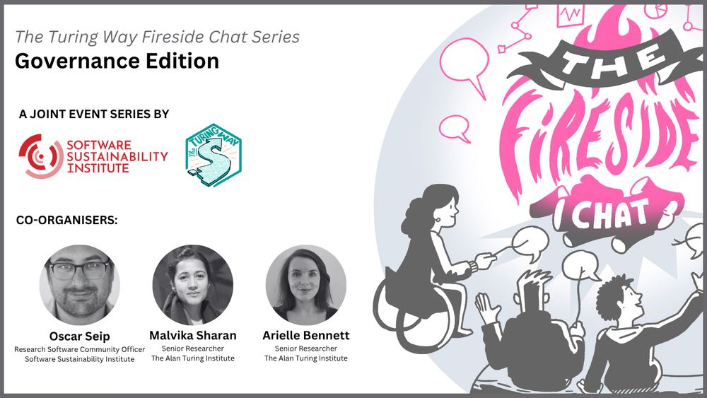 Hand-drawn image by scriberia is on the right of the digital poster: three people are sitting around a fire whose flames form the words “The Fireside Chat”. They are holding speech bubbles on sticks in lieu of marshmallows. Featuring logos of SSI and TTW, and photos/text about Oscar, Malvika, and Arielle.