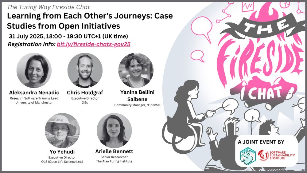 Hand-drawn image by scriberia is on the right of the digital poster: three people are sitting around a fire whose flames form the words “The Fireside Chat”. They are holding speech bubbles on sticks in lieu of marshmallows.