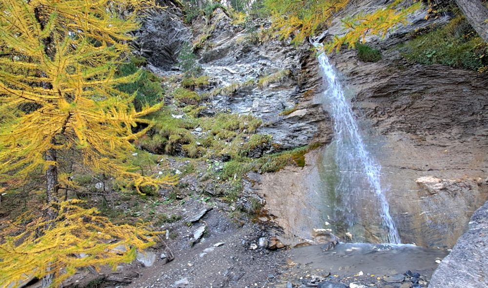 Petite cascade au milieu des mélèzes jaunes