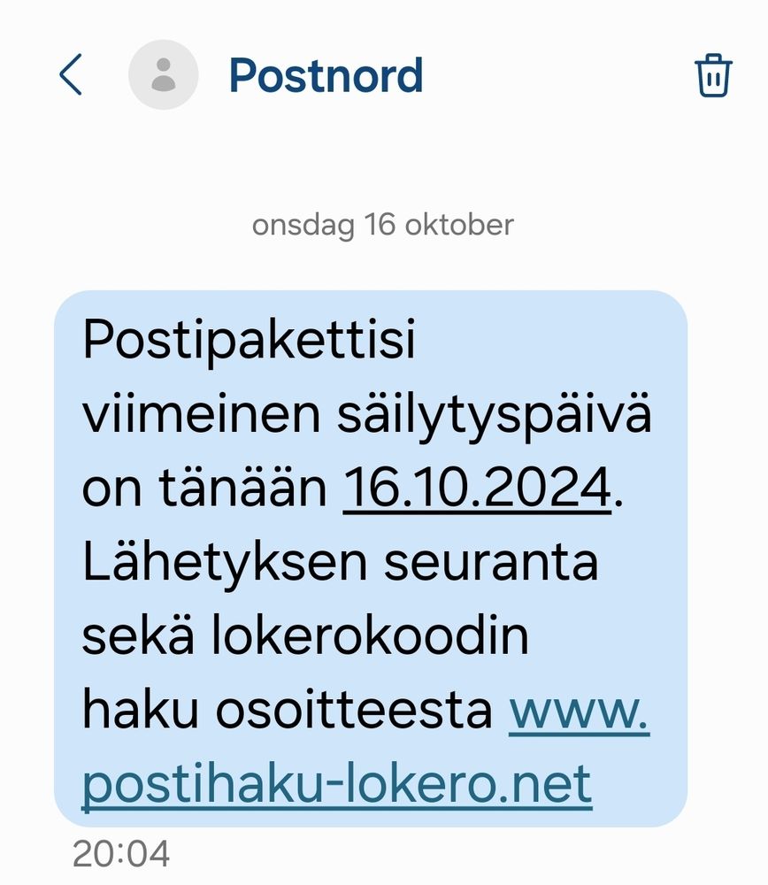 Tekstiviesti jossa kerrotaan, että postipakettin viimeinen säilytyspäivä on tänään ja että lähetyksen seuranta sekä lokerokoodin haku löytyy linkin takaa.