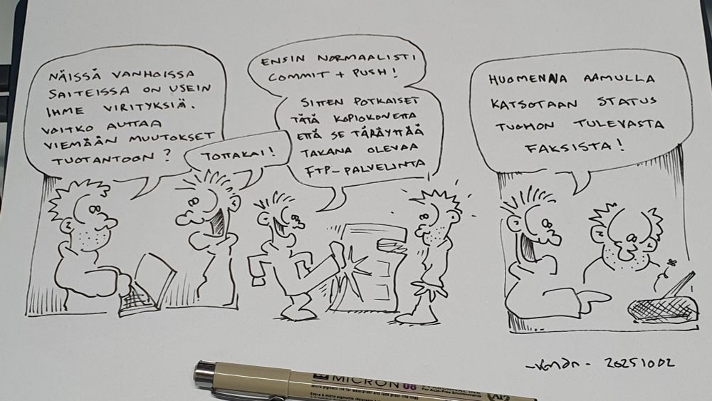 Koodari pyytää apua viemään muutokset tuotantoon. Ratkaisu on potkaista vanhaa kopiokonetta ja odottaa faksia.