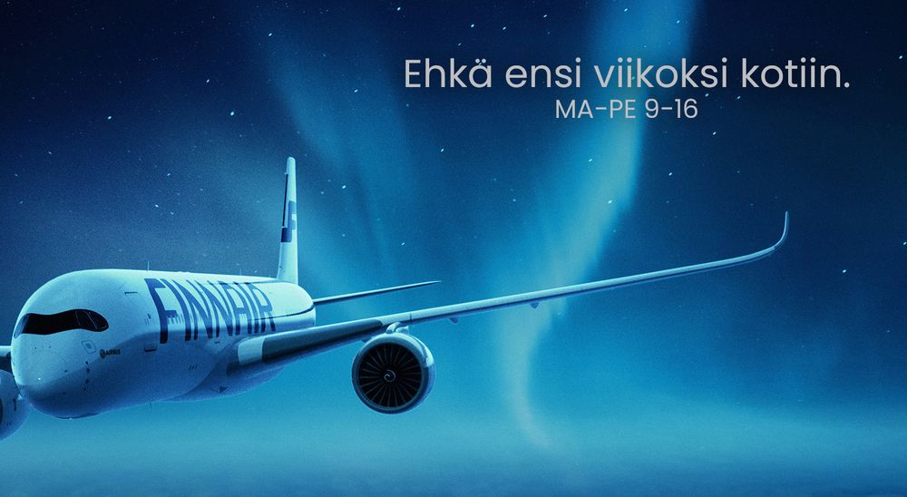 Kuvassa Finnairin lentokone ja teksti 
