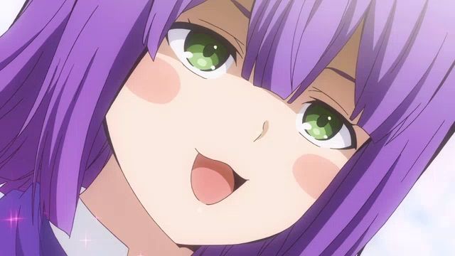 a girl with purple hair and green eyes making a funny face