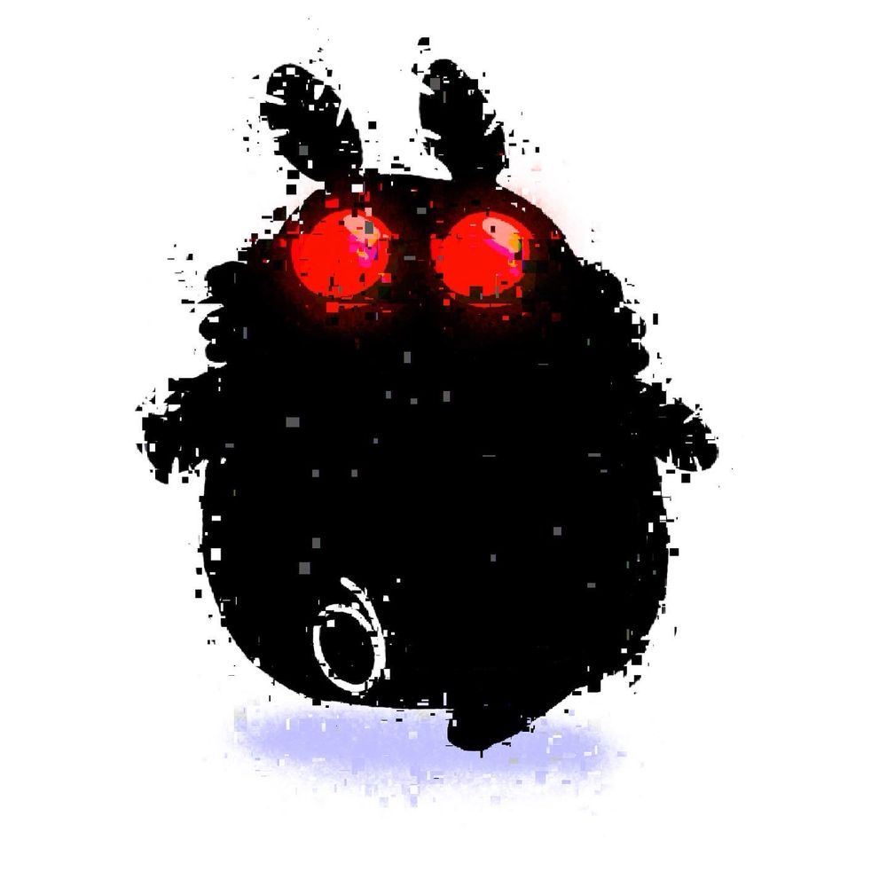 The rotund version of mothman (a shadowy shape with wings, moth fronds and bright red eyes) starts to move towards the reader quickly advancing.