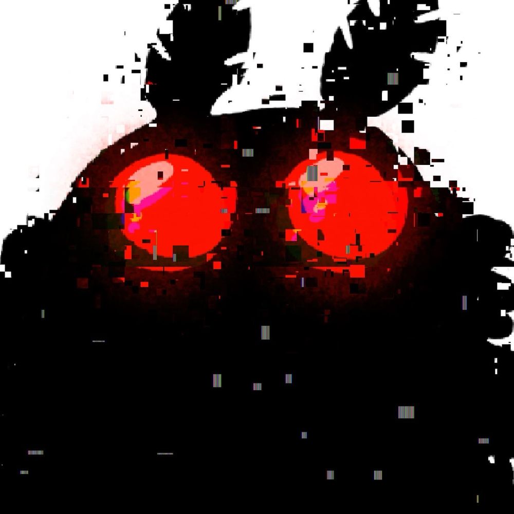 The rotund version of mothman (a shadowy shape with wings, moth fronds and bright red eyes) has fully approached the reader, with half of their face showing. They have pixels and glitch signs all over their face as they are very close to the camera.
