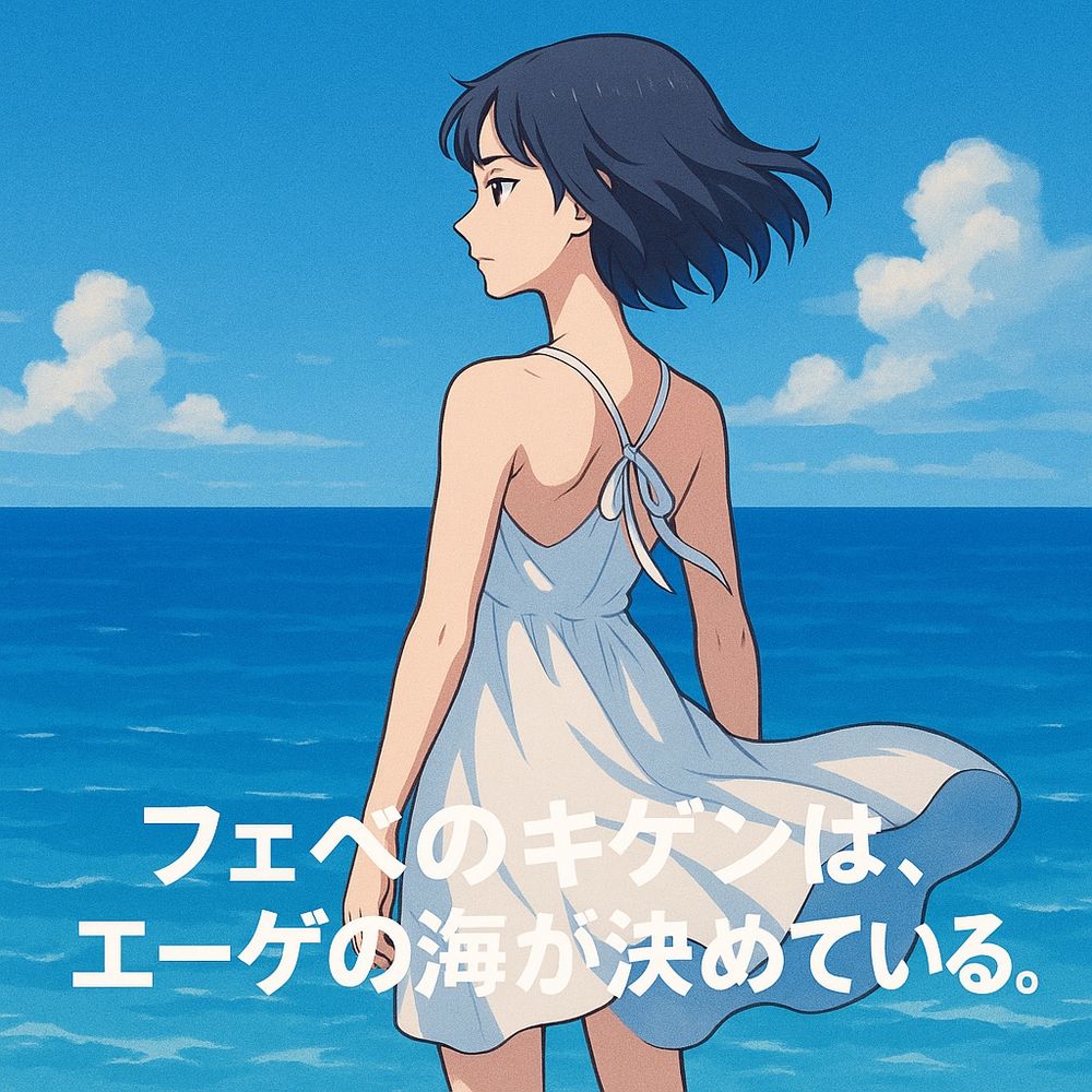 エーゲ海をみはるかすフェベのイメージイラスト。青い空、青い海。「フェベのキゲンは、エーゲの海が決めている」というキャッチコピー。