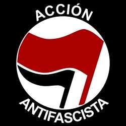 Logo de Acción Antifascista: unha bandeira vermella e unha negra ondeando, enmarcadas por un círculo negro.