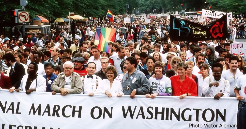 Cesar Chavez 3rd from the left marching in the Second National March on Washington for Lesbian and Gay Rights, 1987. Photo by Victor Aleman