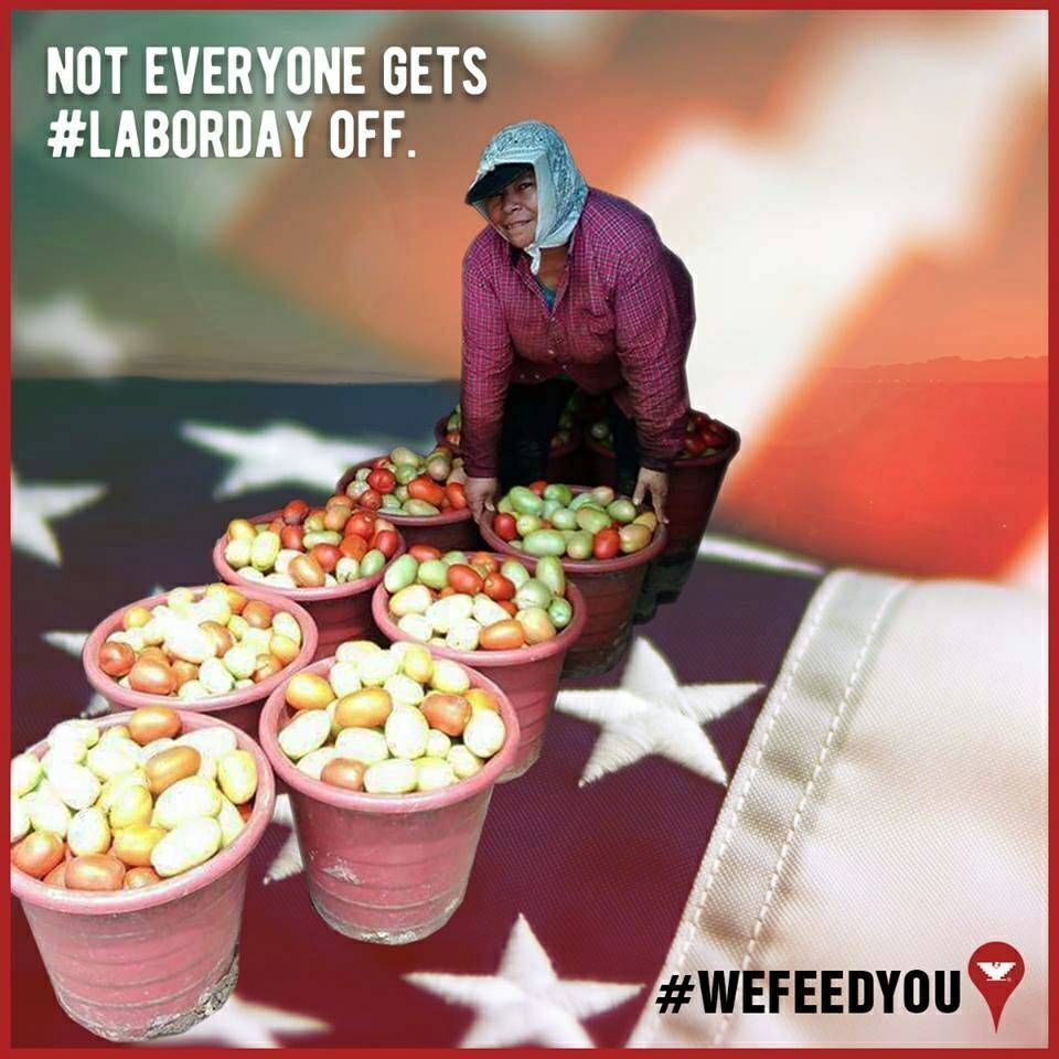 A photo montage of a farm worker with buckets of potatoes she picked on top of the American flag with the words not everybody gets #laborday off