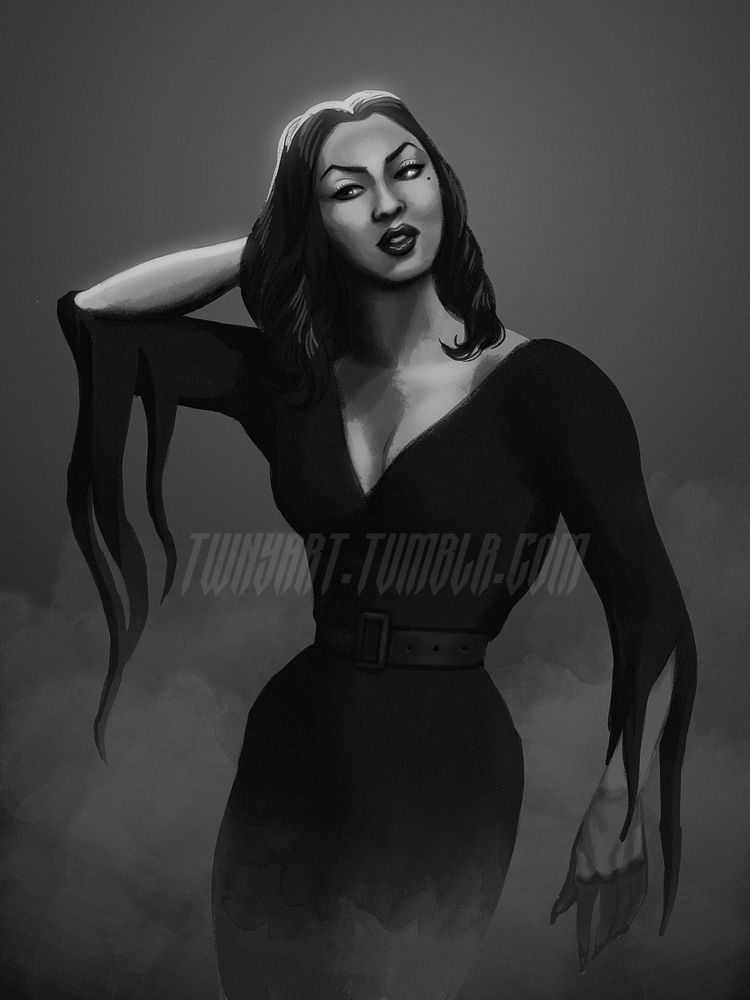 A black and white digital illustration of Lola Falana envisioned as Vampira, the role she was selected (although eventually replaced) to play.