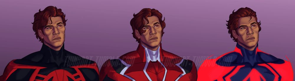 A digital illustration of three busts of Miguel O'Hara in a row. The first is his first black comic suit, the second is his volume 2 white suit, and the third is his ATSV suit, each with the matching hairstyle.