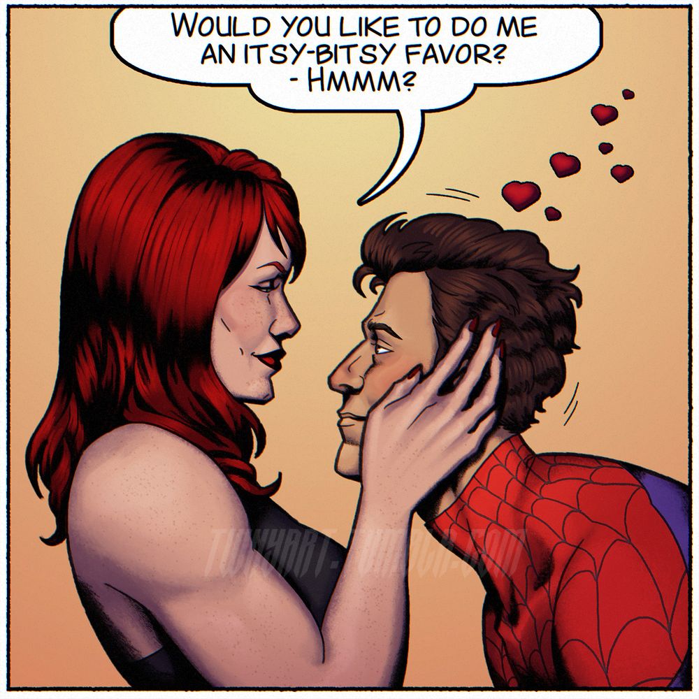 A digital illustration of Mary Jane Watson and Peter Parker unmasked in his Spider-Man suit both in profile against a plain yellow background. Mary Jane has Peter's face cupped in her hands and asks, 'Would you like to do me an itsy-bitsy favor? Hmm?' Peter is wearing a smitten expression as he nods, little hearts floating up from his head.