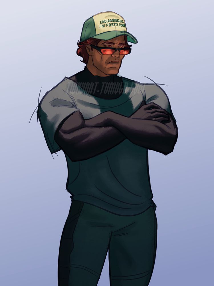 A digital illustration of Miguel O'Hara from the knees up. His arms are crossed and he has an annoyed expression. He is wearing a plain blue t-shirt and green pants over a plain UMF suit, red sunglasses, and a baseball cap that reads 'Undiagnosed but I'm pretty sure.'