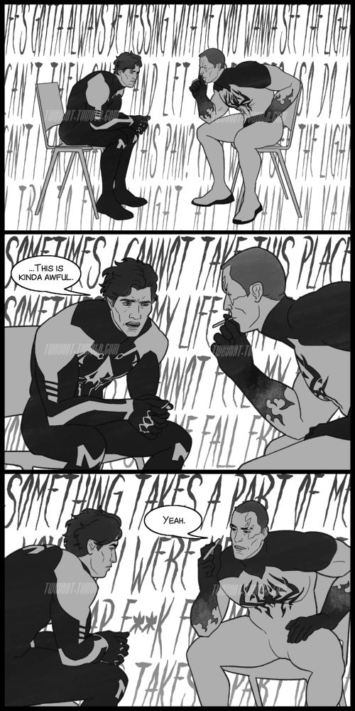 Panel 1 - A flat black and white drawing of Miguel O'Hara and Kaine Parker sitting in folding chairs in their Spider-Man suits. Kaine is smoking something as Miguel sits and listens intently to the lyrics to 'Freak on a Leash' printed in the background.
Panel 2 - As the music continues, Miguel says 'This is kinda awful.'
Panel 3 - Kaine responds with a flat 'Yeah.'