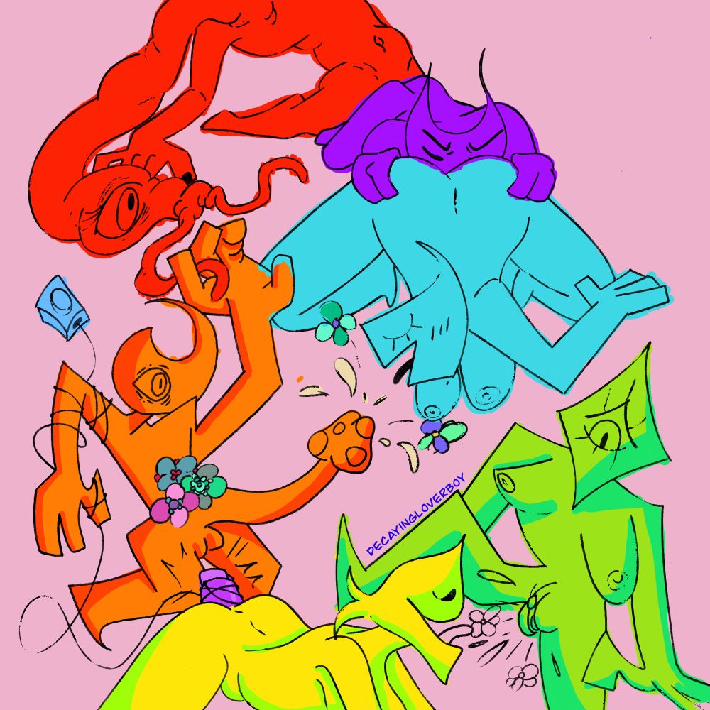 An orgy between different colored monsters. Ass eating, pussy licking, and cum galore.