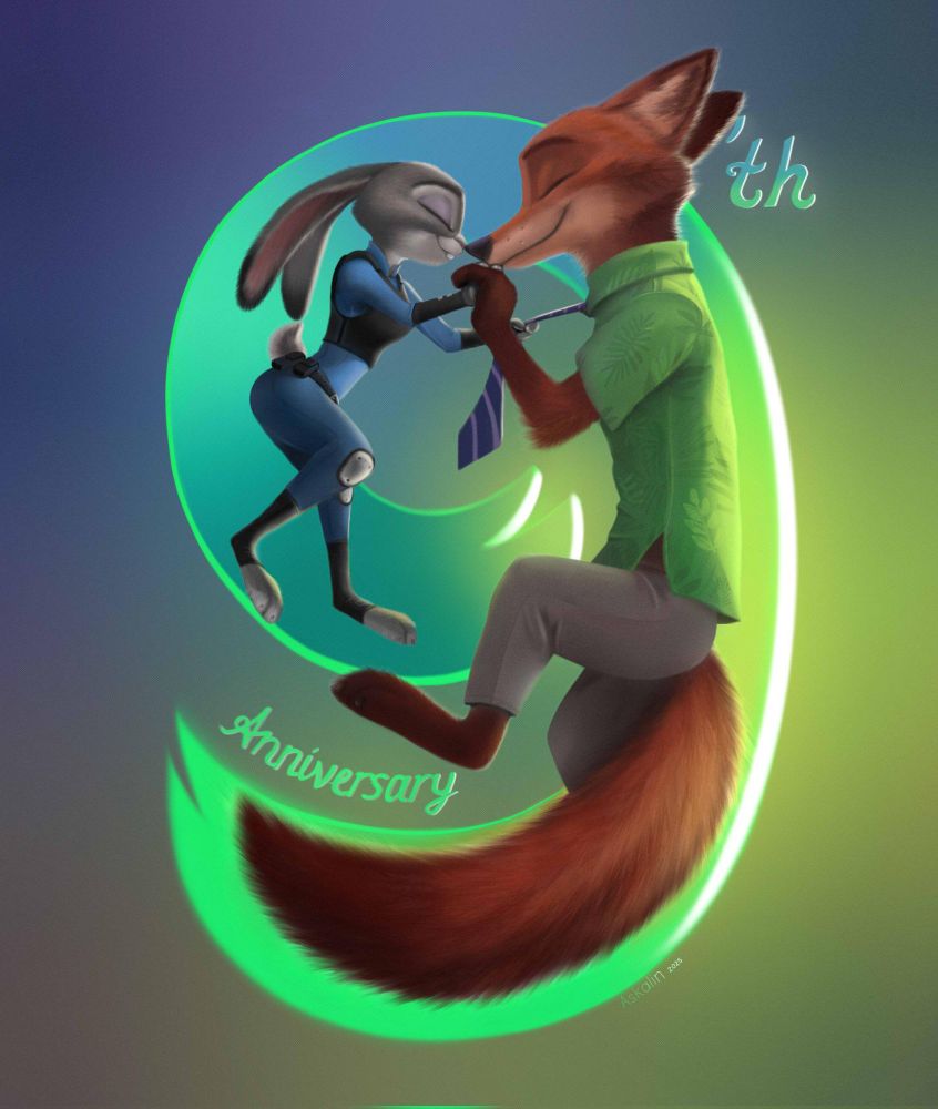 An art done by Askalin with Nick and Judy booping noises, celebrating their 9th Anniversary of Zootopia. :)