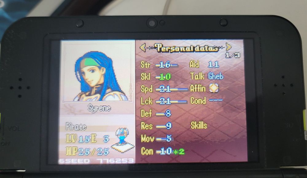 My Lord Syrene and as a Pirate, I had a lot of Axe Users this run x.x but she had good growths and was gonna be decent!

Stats 25/16/10/21/21/8/9