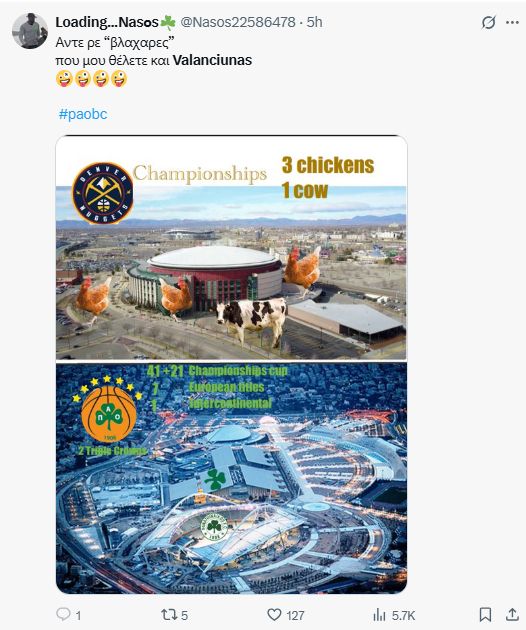 Post from Greek Twitter user depicting Denver as having "3 chickens 1 cow" compared with the Greek team where Jonas Valanciunas is reported to have signed a contract.