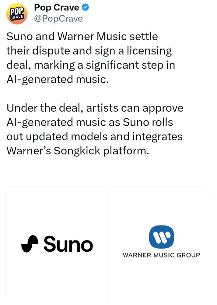 Suno and Warner Music settle their dispute and sign a licensing deal, marking a significant step in AI-generated music.

Under the deal, artists can approve AI-generated music as Suno rolls out updated models and integrates Warner’s Songkick platform.