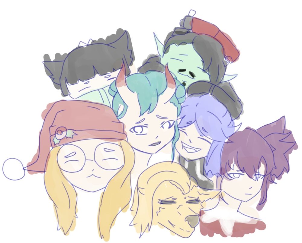 A drawing of different people's OCs and anime people based off what Chan could see of their profile pics