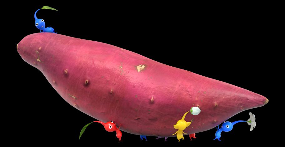 A group of tiny Pikmin creatures from Nintendo are carrying a purple sweet potato.