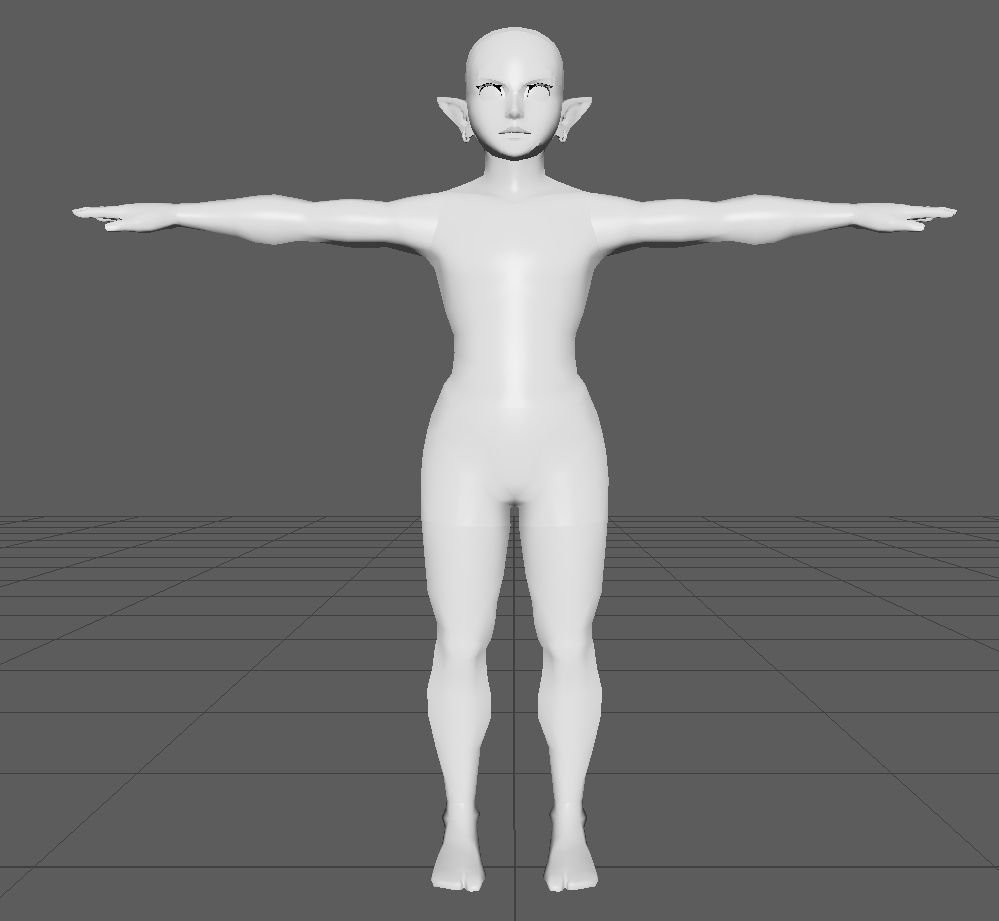 A front-facing picture of Link from Breath Of The Wild's body model exported to 3D modelling software, showing very feminine curves for a male character