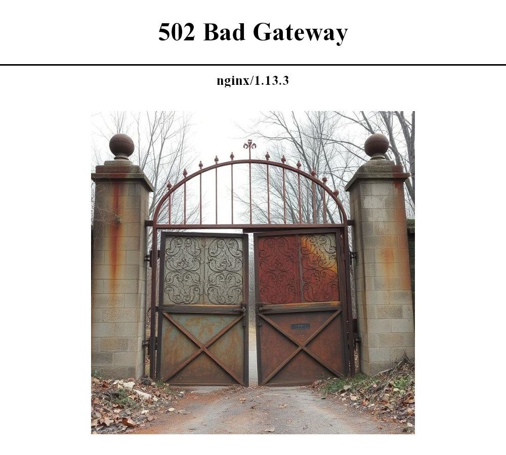 Nginx bad gateway meme with an actual decrepit gateway displayed on the page