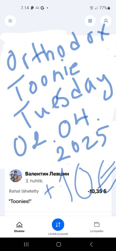 A paypal screencap for $10.35 USD sent to Валентин Левшин.

On the screencap is scribbled "Orthodox ToonieTuesday 02.04.2025 +10€"