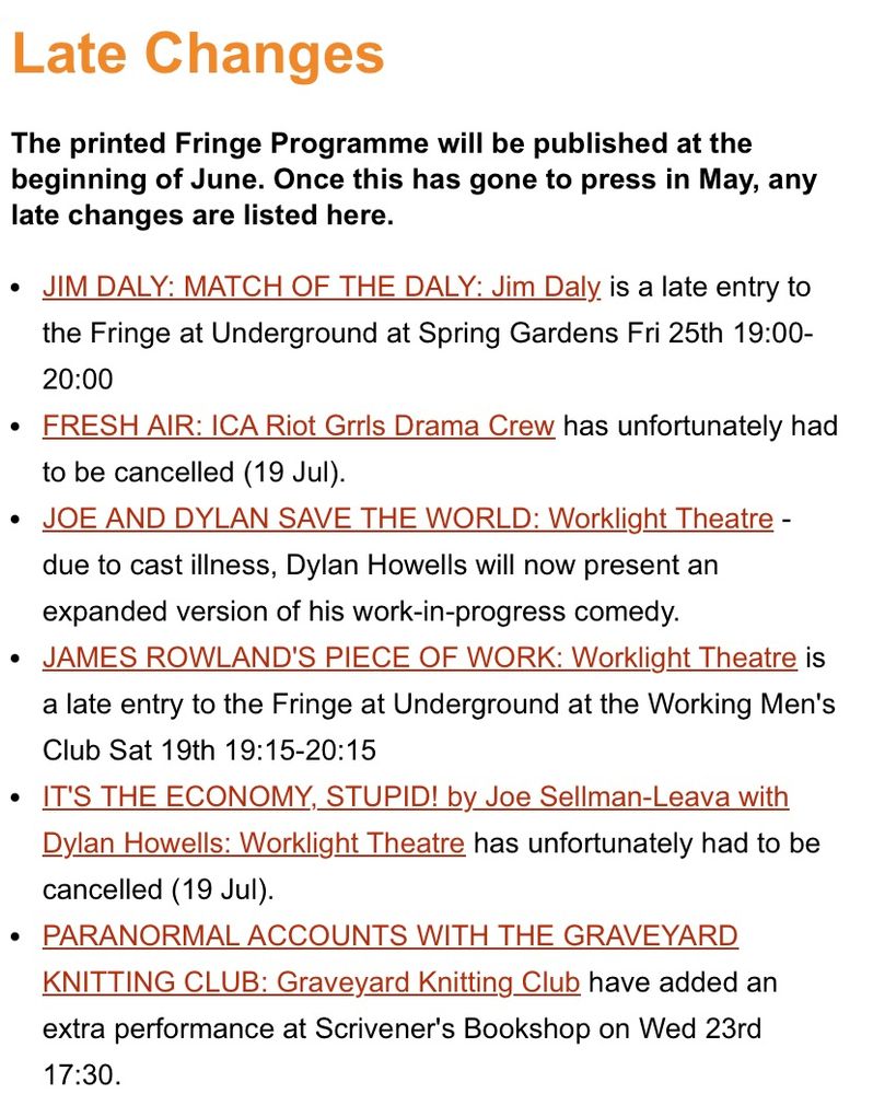 List of changes to the Buxton Fringe programme, go to website for details 