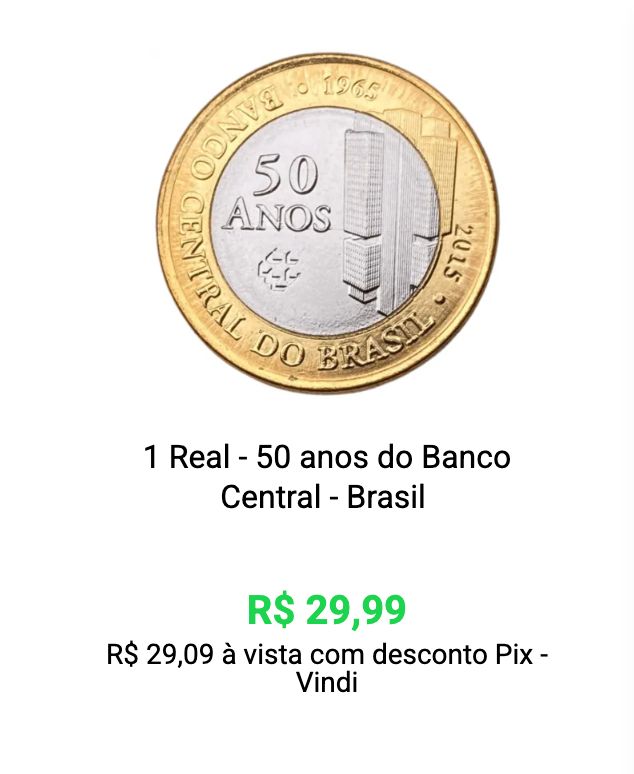 Moeda 1 Real - 50 anos do Banco Central do Brasil
R$ 29,99