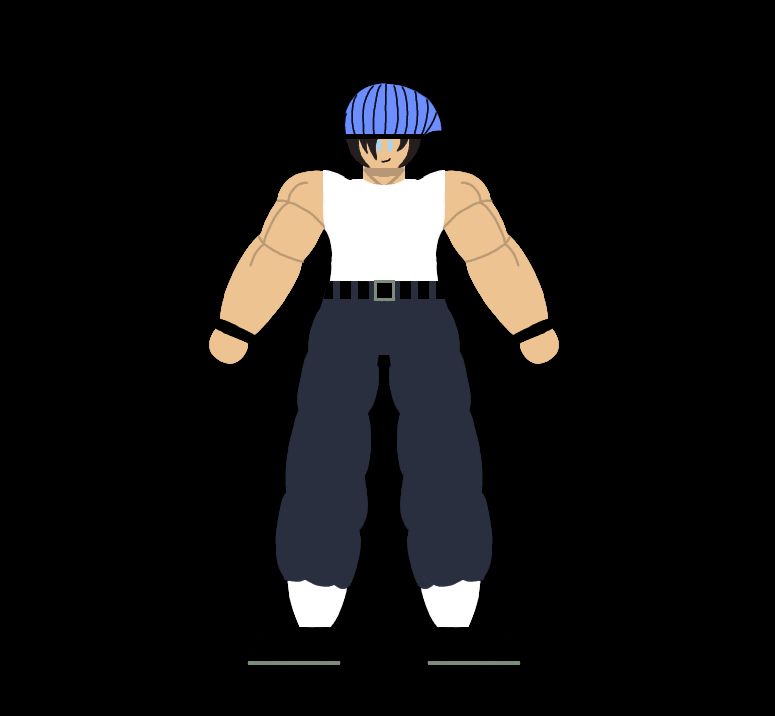 A teenager with blue eyes, brown hair, a blue beanie, a white shirt, navy blue pants, a black belt with a gray buckle, black wrist bands, white socks, and black shoes with grey soles.