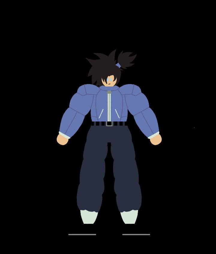 A teenager with blue eyes, brown hair, a grayish blue jacket, navy blue pants and black shoes along with off white and gray accents