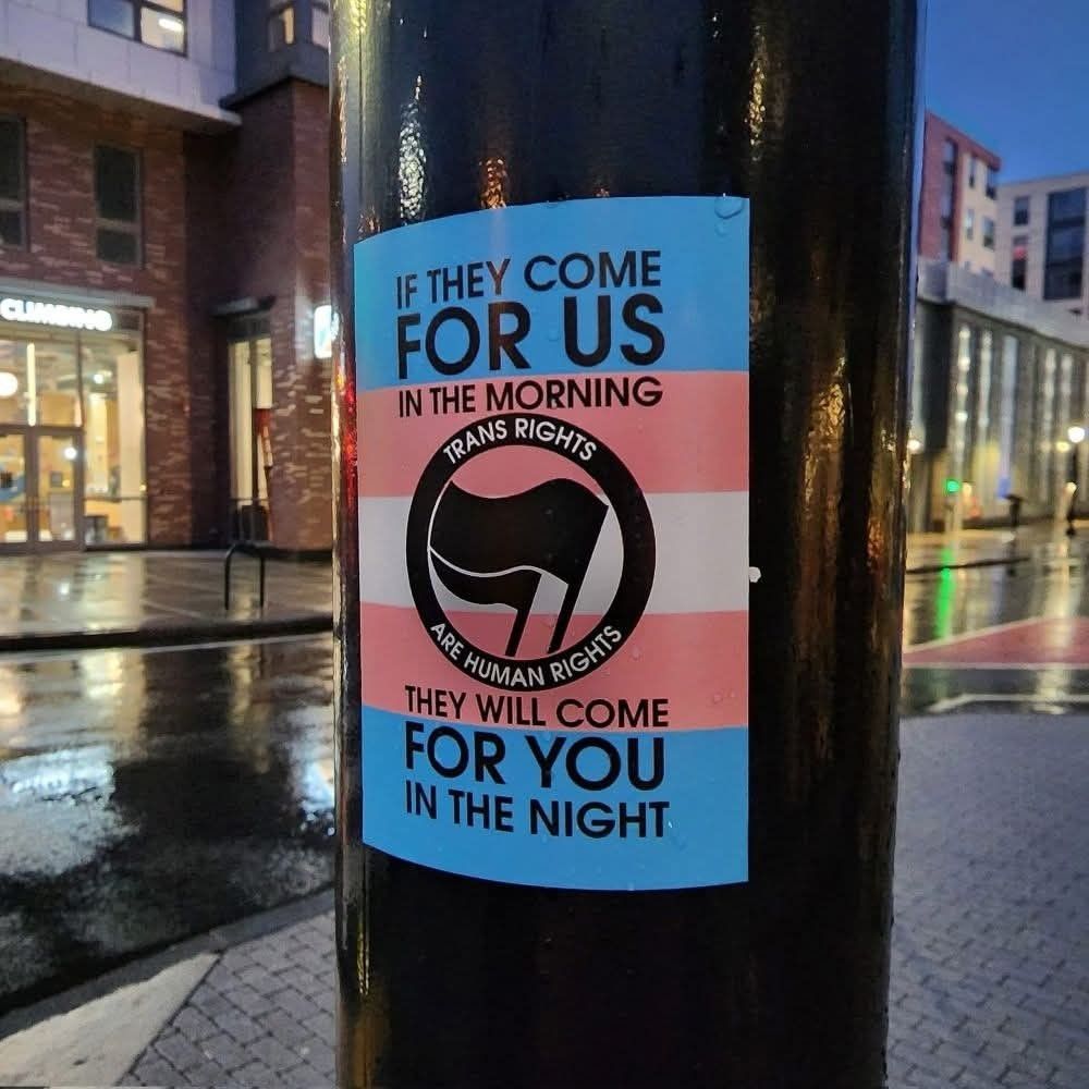 a large sticker on a lamp post in an urban area
the sticker has a trans pride background with a black flag in a circle. the circle reads trans rights are human rights. above the circle reads if they come for us in the morning. below the circle reads they will come for you in the night.