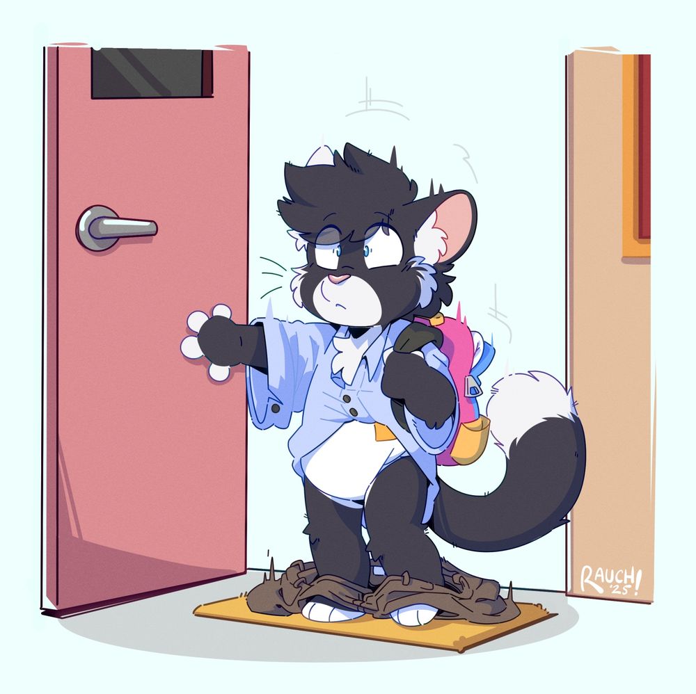 There's a blurred outline that implies a rapid shrinking just took place as the blank and white tuxedo kitty steps into the welcome mat doorway. Suddenly their long sleeve work outfit is too big for them and their heavy pants fall to the floor revealing a bulky white diaper. The kitten is also wearing a colorful backpack with a spare diaper peeking out. 