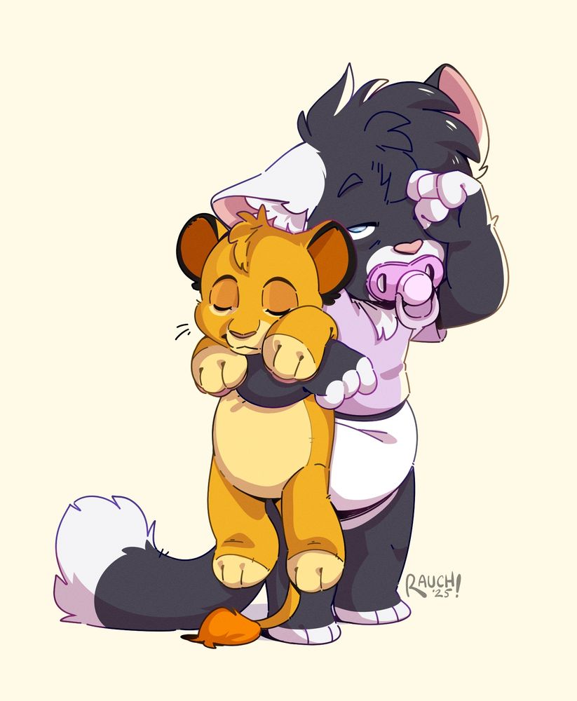 Black and white tuxedo style kitty that is holding a big sleepy Simba plush by the right arm. The left arm is raised rubbing their sleepy eyes, only the right eye is visible and half open. Wearing a pink shirt and matching pink pacifier along with a plain white diaper. This kitten is ready for bed!