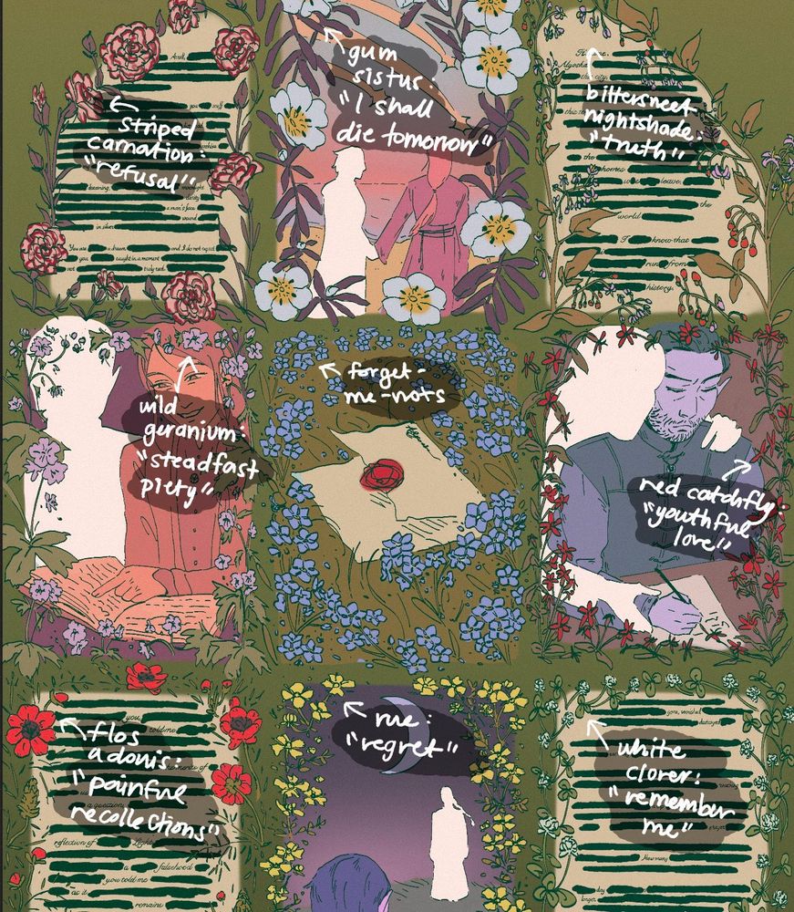 flower meanings in alyosha and arrell drawing: refusal. I shall die tomorrow. truth. steadfast piety. forget me not. youthful love. painful recollections. regret. remember me. 