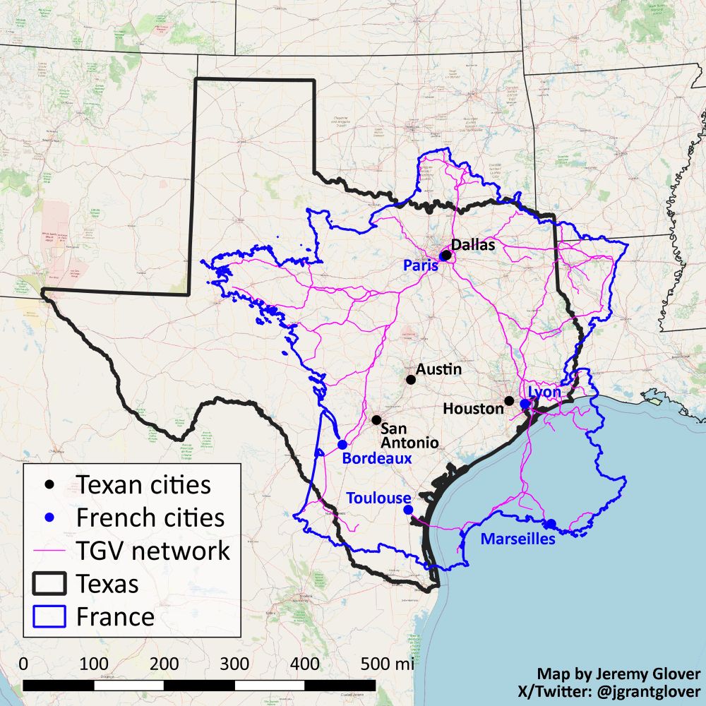 A map of Texas with the outline of France superimposed on top. The French map also shows France’s TGV network and largest cities. 