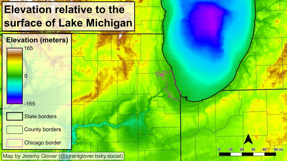 A map showing the southern tip of Lake Michigan along with portions of Wisconsin, Illinois, Indiana, and Michigan. The map shows elevation relative to the surface of Lake Michigan.