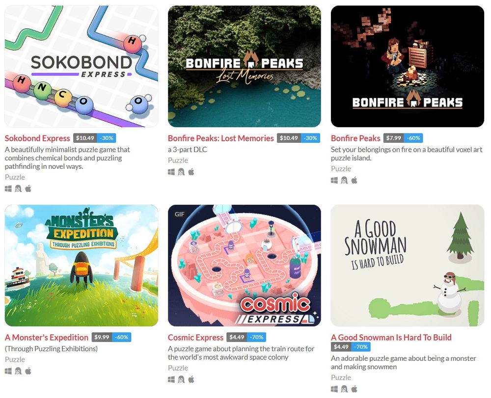 Screenshot of the Draknek itch page, with discounts from 30% to 70%