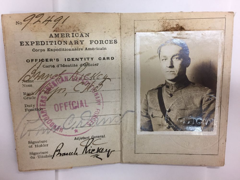 Branch Rickey’s officer identity card with a picture of him in his uniform as Adjutant General in the Chemical War Service.  