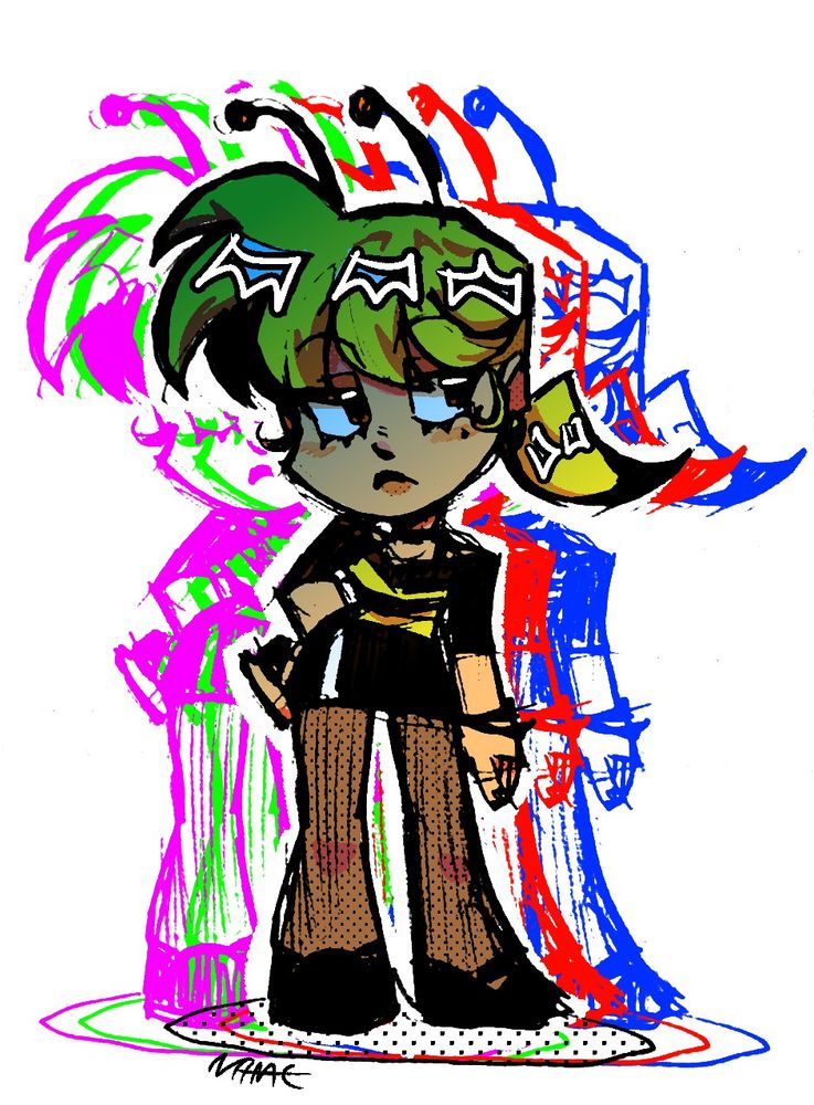 A chibi drawing of a woman. She has bright yellow hair in a ponytail. She has a bored expression on her face. She's wearing a black and yellow shirt with the sleeves going to her elbow. She's wearing a short latex skirt and some stockings. She has simple black shoes on. One of her hands is on her hip. She has bee antennae on her head.