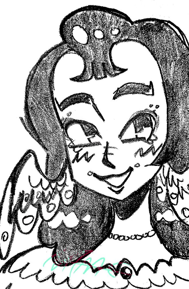 A pencil drawing of a cartoon character. She's dressed in a fluffy dress with a gem on it. You can only see her up to the shoulders. She has make up-on and fluffy hair. She's smiling. She had a pair of wings on her head.