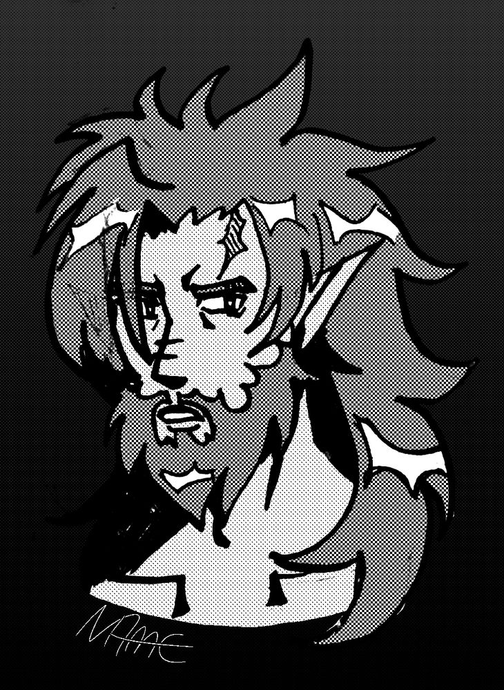 A portrait of a rugged elf-man. He has a long beard and long hair. He looks sceptical. There's a scar on his forehead. 