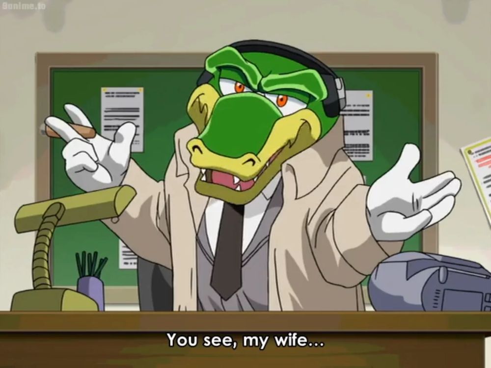 Vector the Crocodile in Sonic X, mimicking Lieutenant Columbo.
(and yes, this is a real shot from the show)