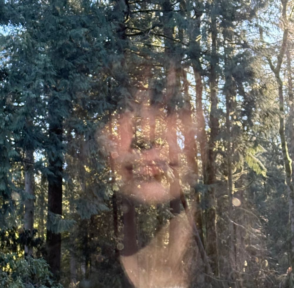 My reflection in the window staring at the forest outside in the morning light 