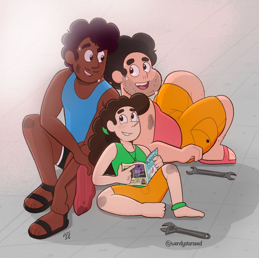 This is from FlyboyUniverse’s AU- Maxwell, Steven (Flyboy), and Amelia take a much needed rest from repairing planes to chill and hang out as a family. They’ve been working all morning! 

Steven Universe AU